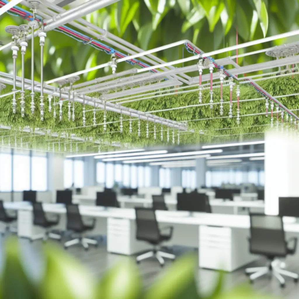 Detail van een automatisch bewateringssysteem geïntegreerd in kantoorbeplanting