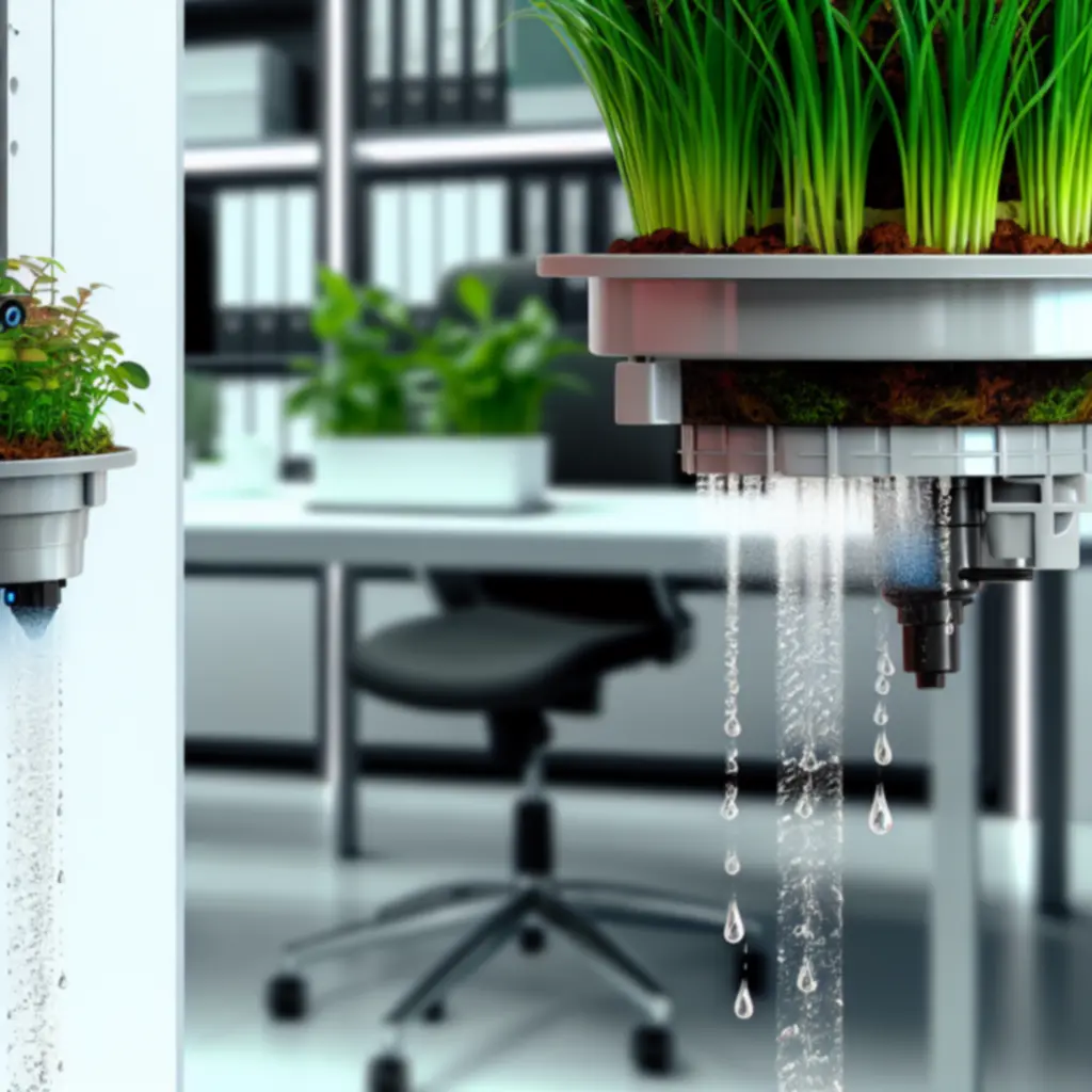 Automatisch irrigatiesysteem geïntegreerd in een modern groen kantoorinterieur.