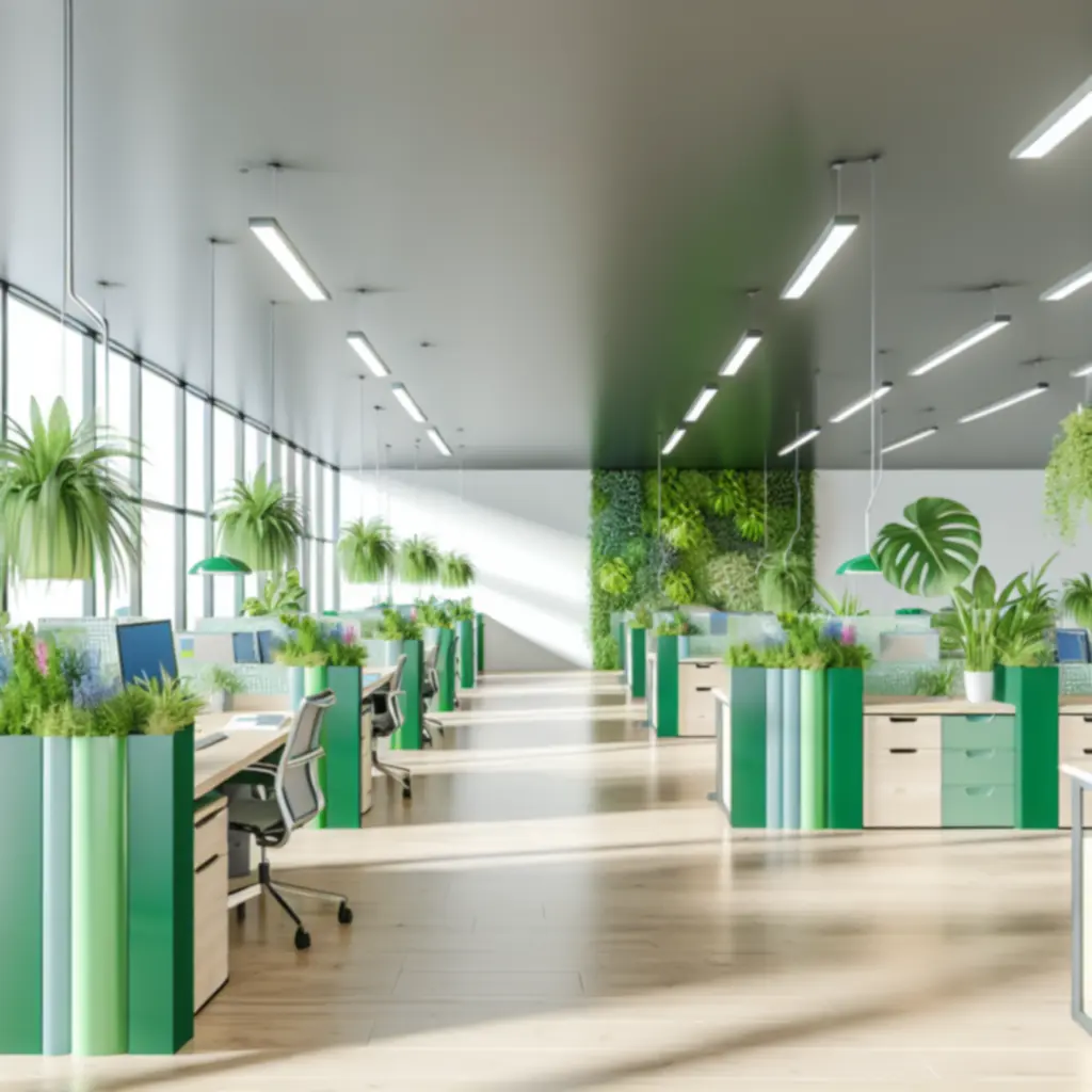 Biophilic ontwerp van een modern kantoor met groene planten op en rond het bureau.