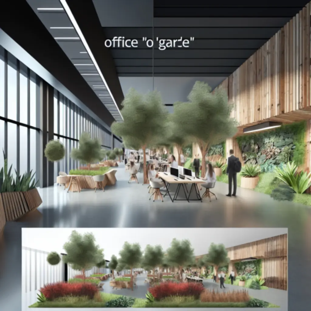 Kantoortuin met veel planten, natuurlijke materialen en open werkplekken.