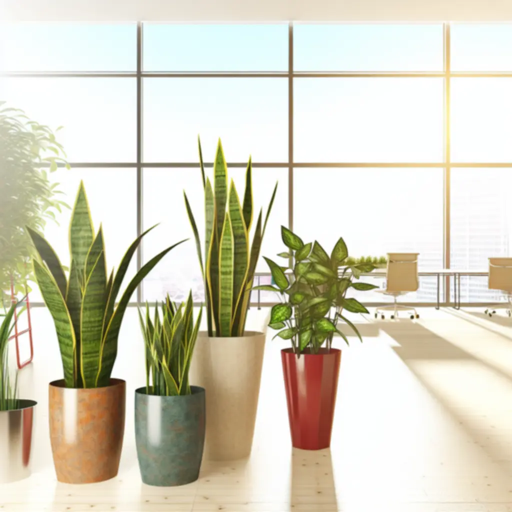 Duurzame plantenselectie met sterke, onderhoudsarme kantoorplanten in een moderne werkomgeving.