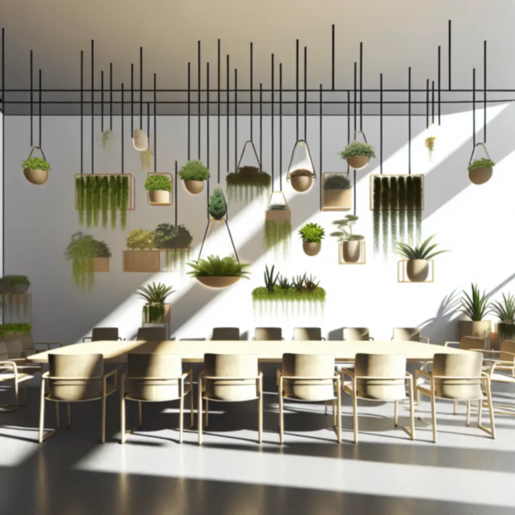 Vergaderruimte met hangende planten, stijlvolle potten en een rustgevende sfeer.