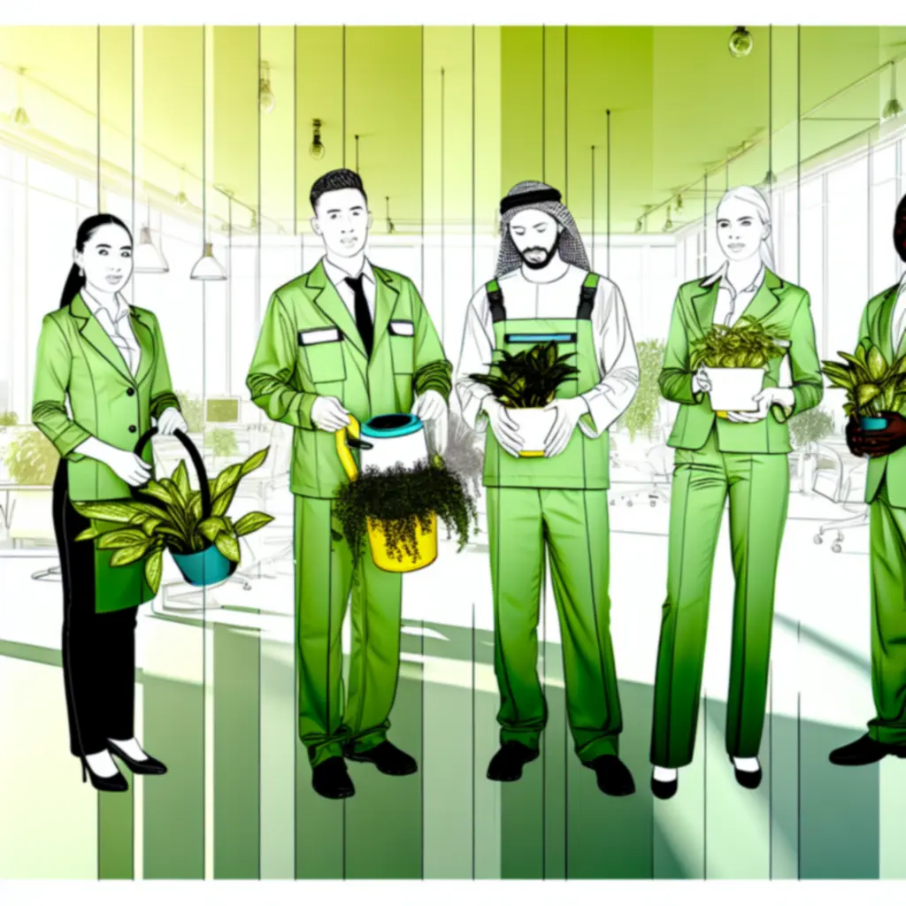 Onderhoudsteam van groenspecialisten aan het werk in een kantooromgeving
