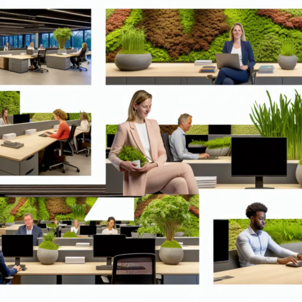 Groene kantooromgeving met medewerkers die profiteren van een gezonde, natuurlijke werksfeer.