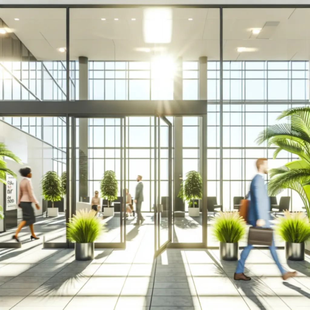 Groene kantoorentree met planten die een rustige sfeer creëren