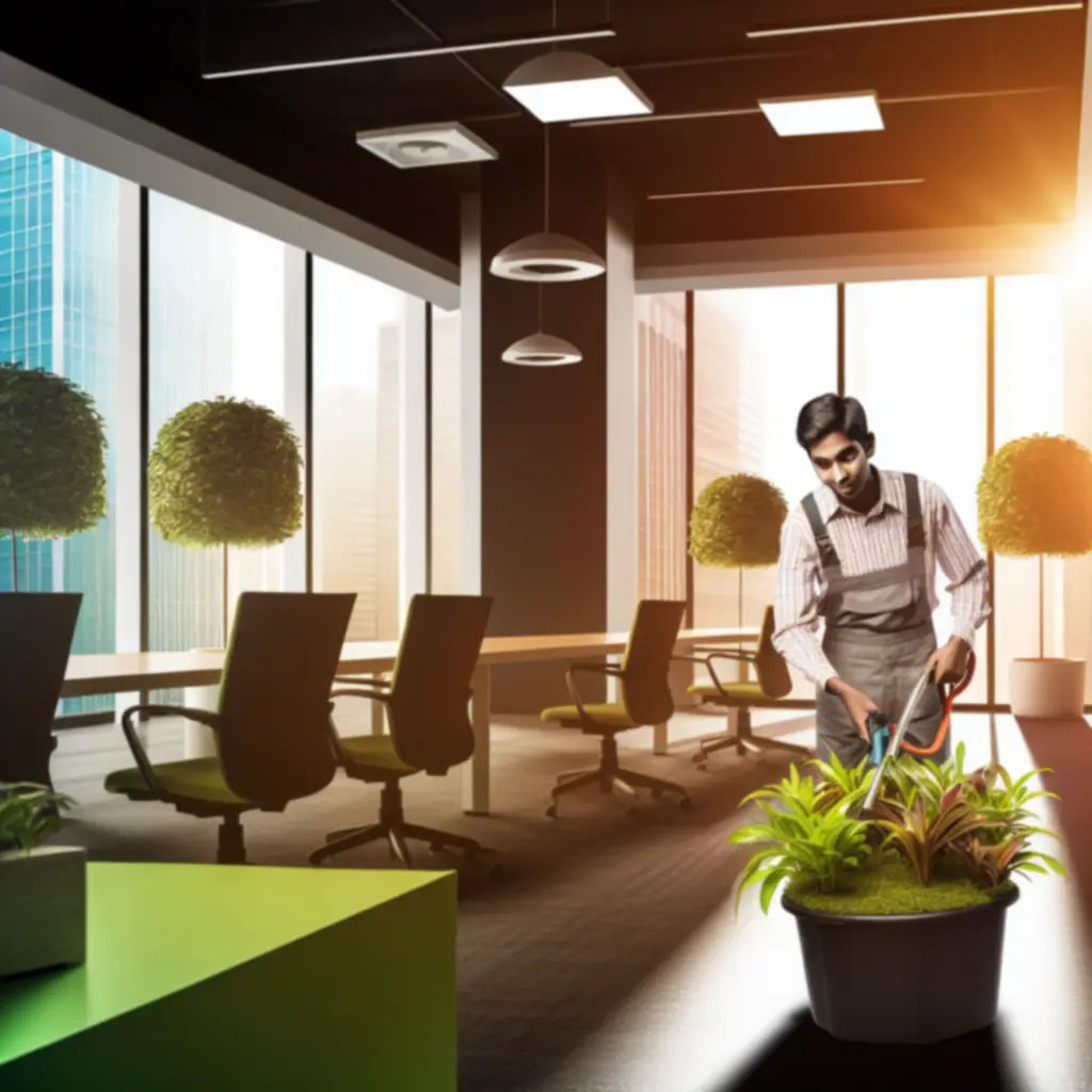 Groenspecialist verzorgt kantoorplanten in een moderne werkruimte