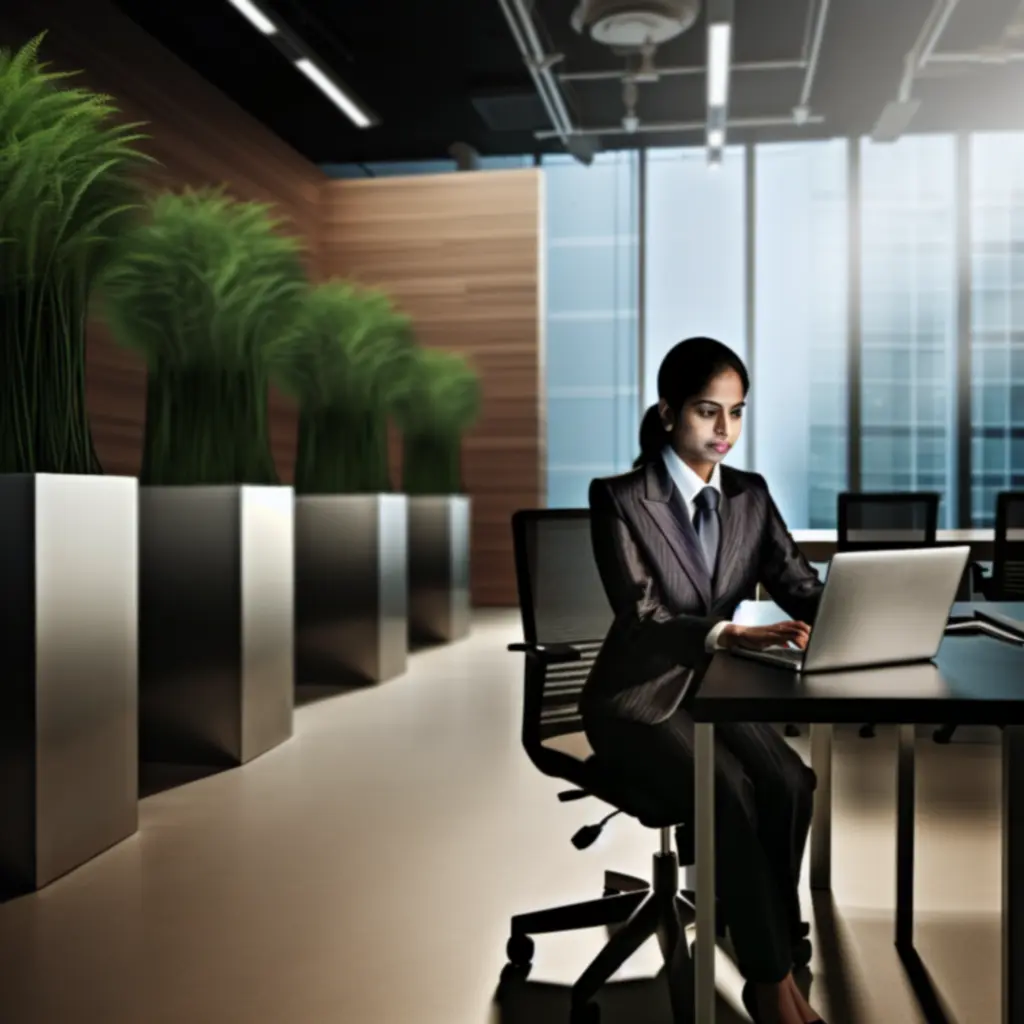 Medewerker omringd door kantoorplanten die rustig geconcentreerd werkt