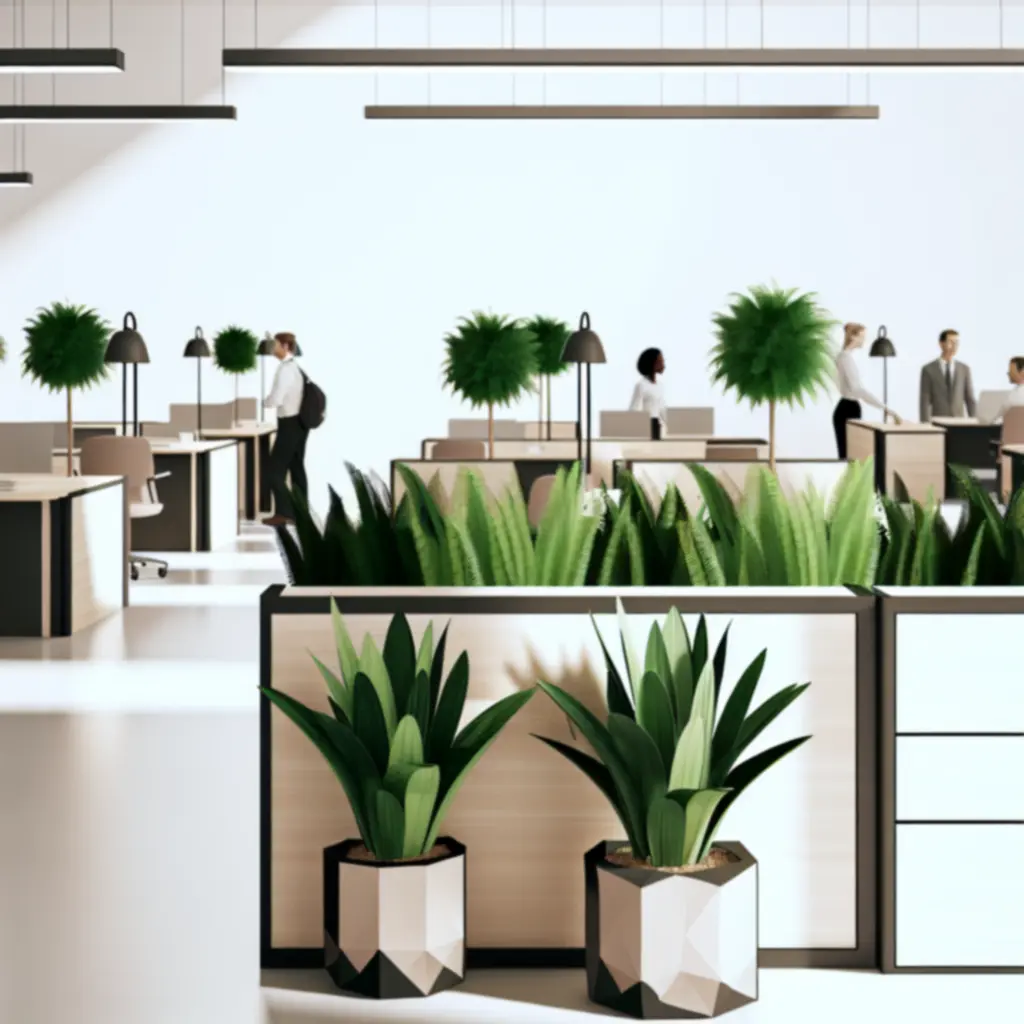 Moderne kantoorruimte met geïntegreerde plantenwanden en stijlvolle beplanting.