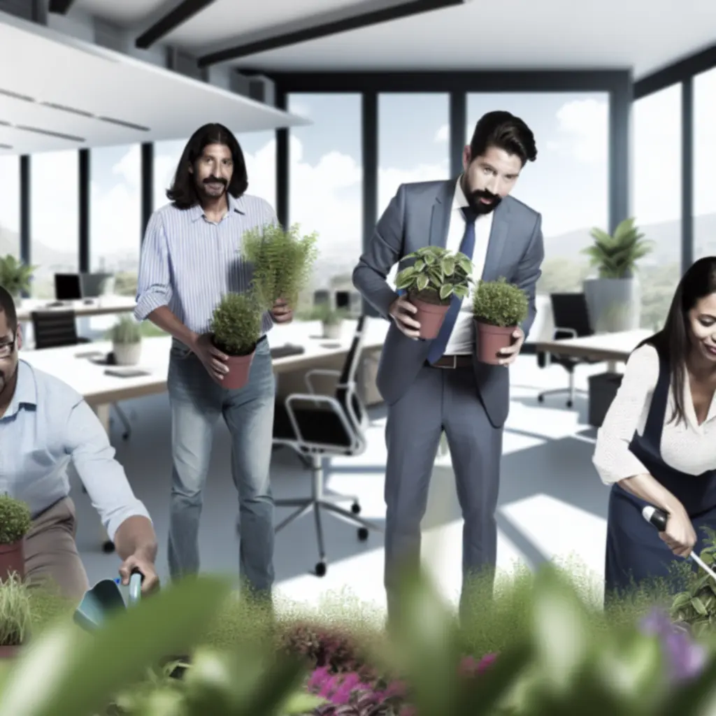Team dat planten en systemen in een kantoor installeert