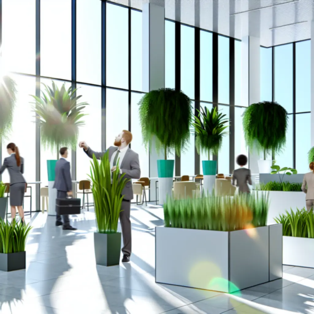 Installatie van groene planten in een moderne kantoorruimte