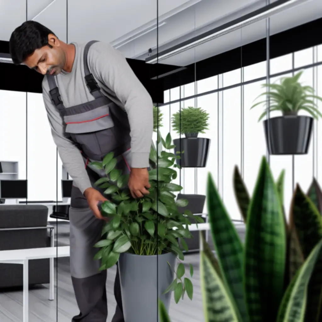 Specialisten plaatsen moderne kamerplanten in een strak ingericht kantoor