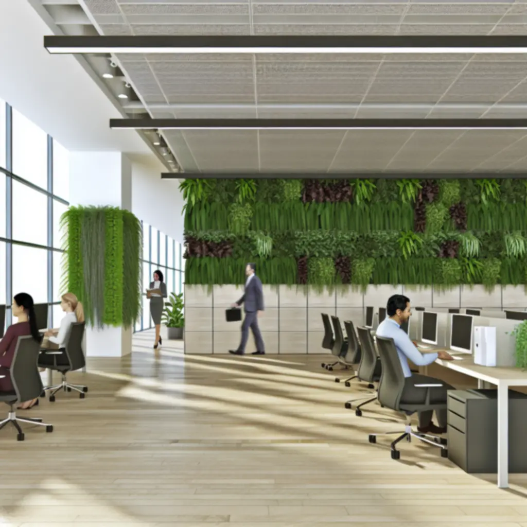 Moderne kantoorruimte met een grote groene plantenwand en werkplekken omringd door planten.