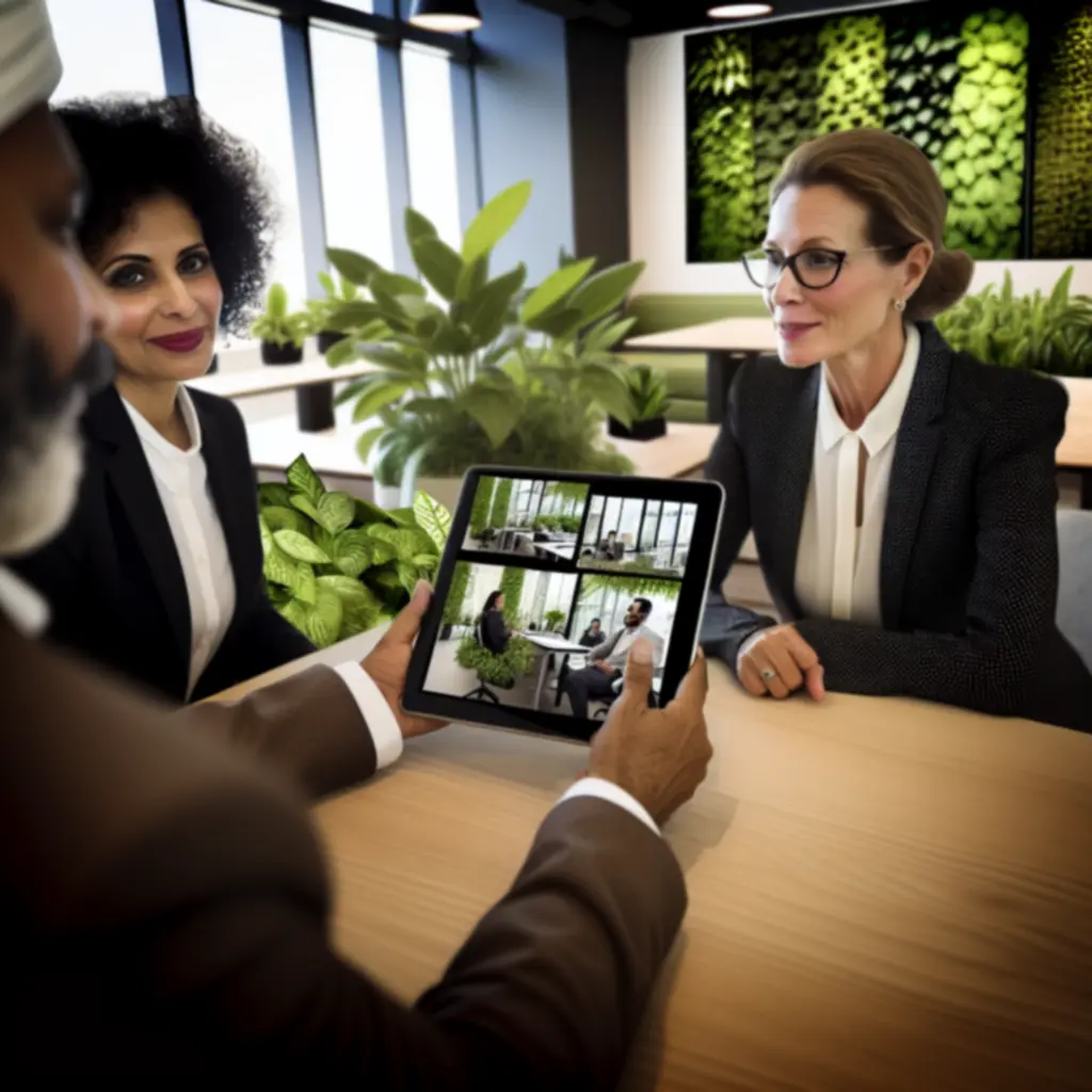 Team in overleg over groene projecten met foto’s van eerdere realisaties op tafel