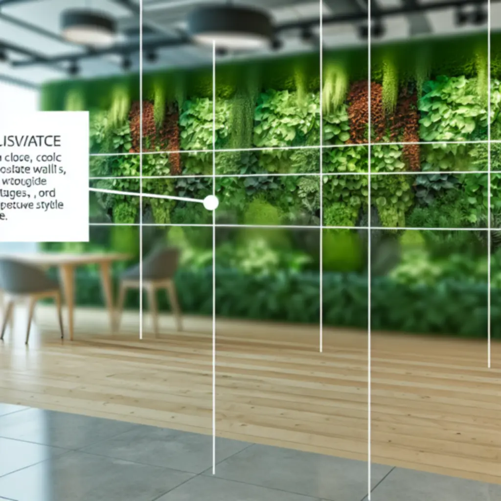 Hoge plantenwand in een creatief kantoor met moderne inrichting en veel groen.