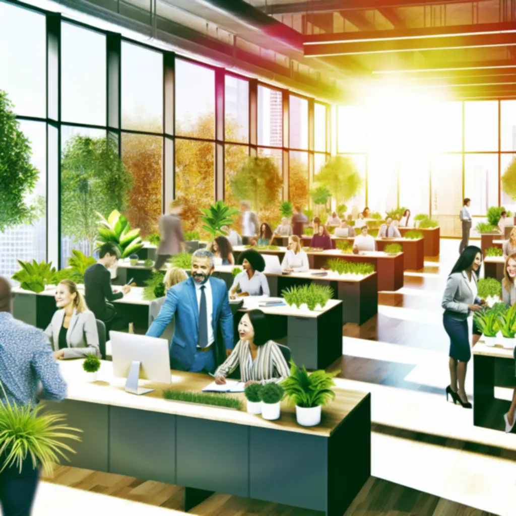 Medewerkers die werken in een groene kantooromgeving